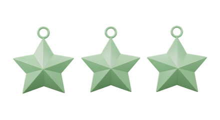 Three pale green five pointed stars with hanging loops isolated on a transparent background light green