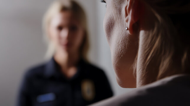 Tense interrogation: A woman faces a law enforcement officer in a stark room, the officer's gaze intense. Close-up on the woman's vulnerable face.  Justice and truth, in a blurred image.