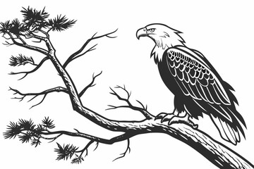 Bare Tree, Flying Eagle, and Bird on Shore Vector - Duotone Graphic