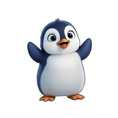 Obraz premium Adorable cartoon baby penguin with a cheerful expression spreading its wings on a clean background