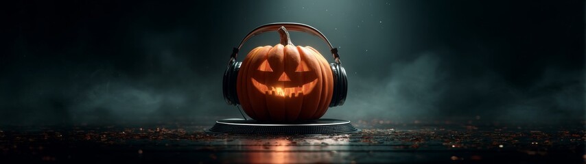 Groovy gourds: halloween meets the music. Cinema artwork. Eerie groove: pumpkin djs with subtle blue headphones in darkness. Promotional poster. Poster design.