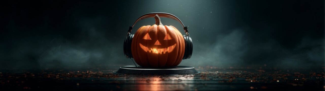 Groovy gourds: halloween meets the music. Cinema artwork. Eerie groove: pumpkin djs with subtle blue headphones in darkness. Promotional poster. Poster design.