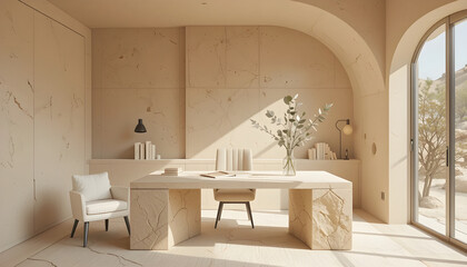 Luxury Mediterranean Office with Natural Stone Desk and Arched Window