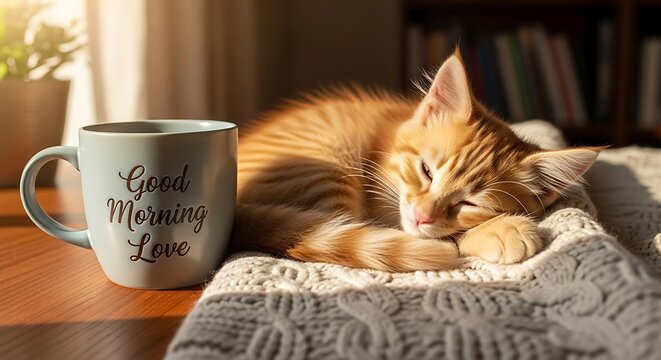 Cute orange kitten sleeping next to a mug with good morning love text