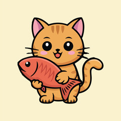 Cute Cartoon Cat Happily Holding a Fresh Red Fish