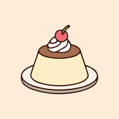 Sweet Caramel Pudding with Whipped Cream and Cherry