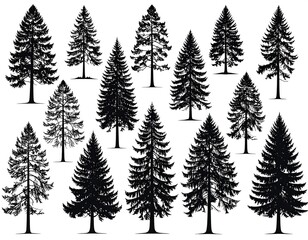 Fototapeta premium Collection of various stylized black evergreen tree silhouettes