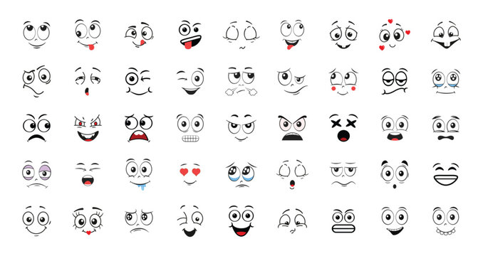 Cartoon facial expressions set. Doodle emoticons, expressive eyes and mouth, crying, laughing, scared emotions, vector icons set.