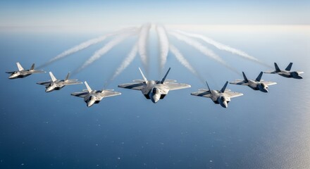 Obraz premium Formation of military jets flying over ocean horizon on clear day