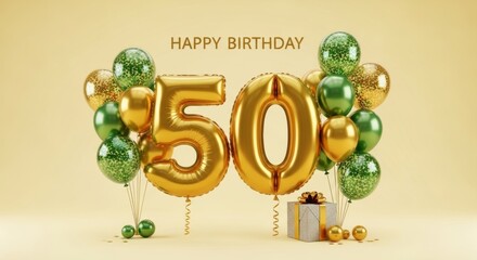 Golden 50th birthday celebration with balloons and gift on yellow background