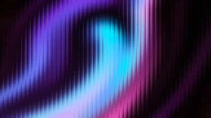 Abstract Neon Gradient Glass Ribbed Background. Futuristic Dark Purple, Pink, and Cyan Liquid Flow. Vibrant glow and warped vertical stripes 