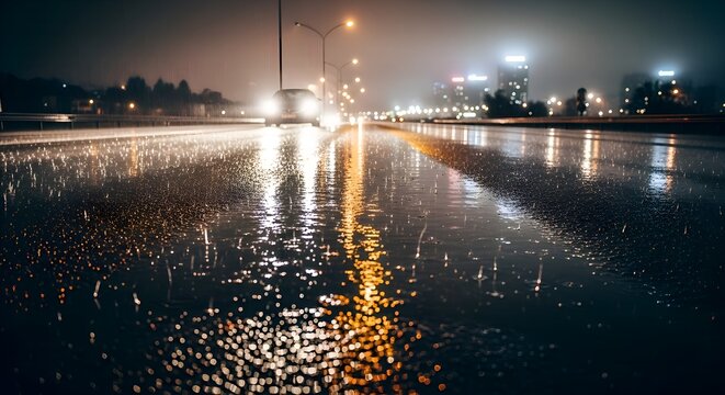 City Nightscape: Wet Road Reflecting Urban Lights in Rainy Weather.