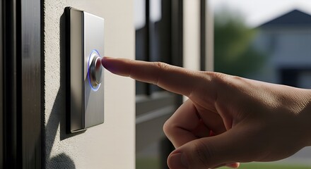 Pressing Doorbell Button with Finger Home Entrance Security.