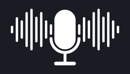 Black and white vector illustration featuring a microphone icon centered between symmetrical white sound waves or audio lines. 