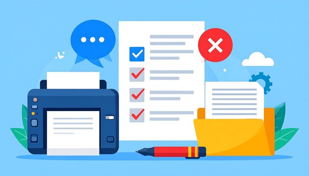 An illustration depicting document handling, printing, and review