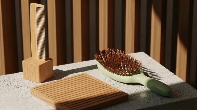 Wooden comb and hairbrush on a textured surface
