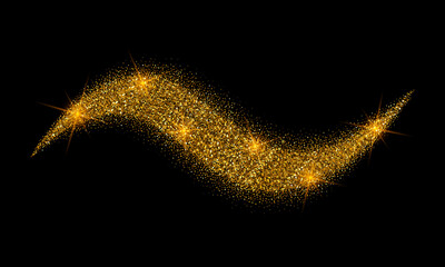 Golden glitter wave with sparkling light particles on black background, luxury abstract shimmer curve, festive elegant gold dust trail vector illustration for celebration and decoration design