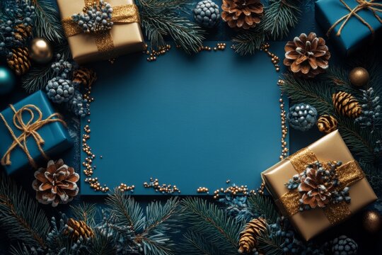 Blue Christmas Frame With Pinecones