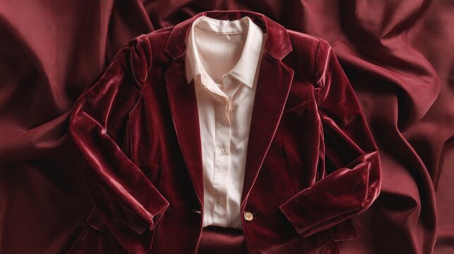 Burgundy velvet blazer flat lay mockup. Autumn fashion template