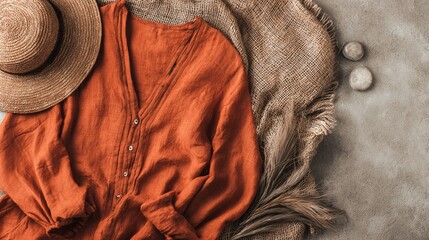 Terracotta orange linen blouse flat lay mockup. Bohemian fashion template