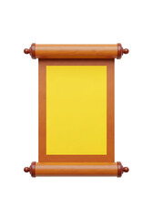 Wooden scroll with bright yellow paper and brown border isolated on a transparent background parchment