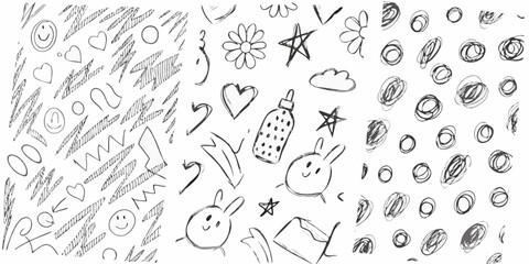 Collection of hand drawn doodle elements including hearts stars clouds and smiley faces on a white background