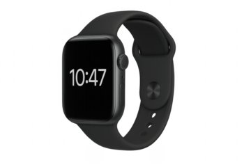 Black smartwatch displaying time on transparent background