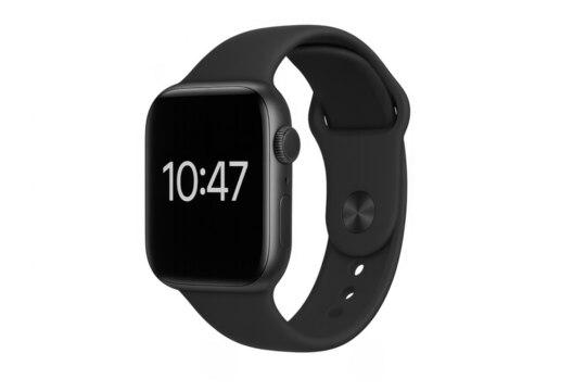 Black smartwatch displaying time on transparent background