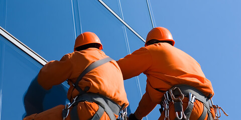 Two workers in safety gear and orange jumpsuits clean the windows of a high-rise building against a clear blue sky. The perspective emphasizes their height and the building's scale.