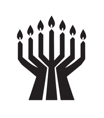 Black graphic symbol of a seven branched menorah with lit candles on a white background black and white