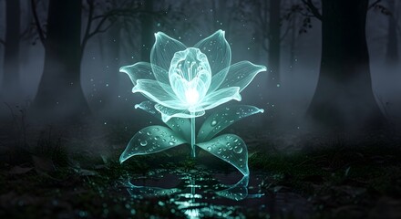 Ethereal glowing lotus flower blooming from a mystical skull in a dark forest