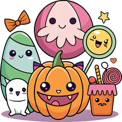 Cute Halloween characters illustration with pumpkin ghost candy and bow vector