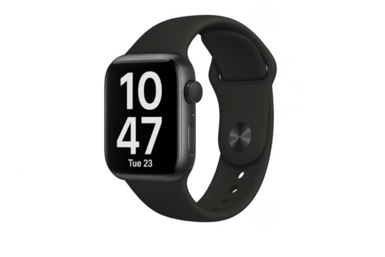 Black modern wearable smartwatch displaying time and date