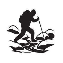 Black silhouette of a hiker with a backpack and trekking pole crossing a stream with rocks hiking