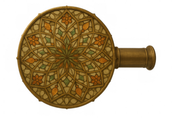 Ornate antique hand mirror featuring a floral mosaic pattern and vintage brass design, transparent background