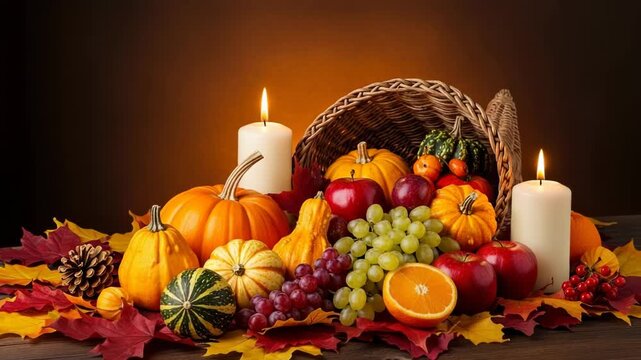 Cornucopia overflowing with autumn harvest and lit candles