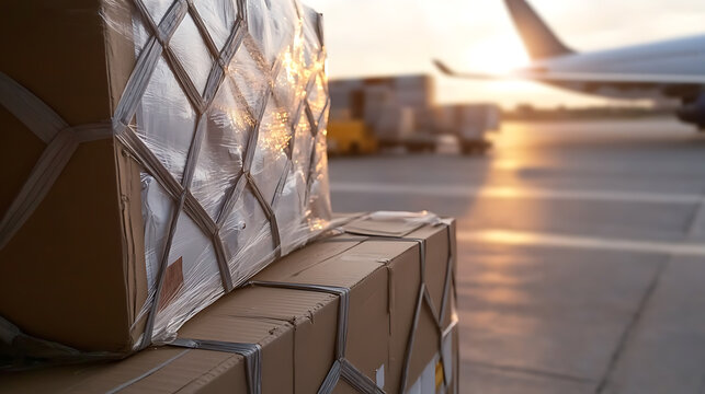 Packages ready to be delivered by air freight! Stacked boxes secured with wrapping and strapping, with the warm light of the sun setting behind an airplane on the runway.
