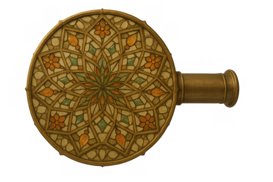 Ornate antique hand mirror featuring a floral mosaic pattern and vintage brass design, transparent background - Powered by Adobe