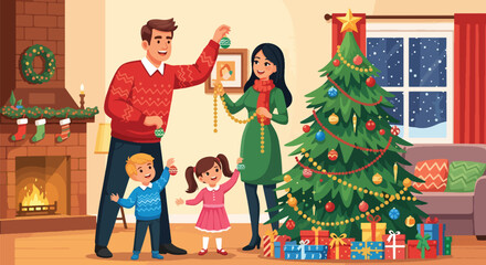Flat vector of joyful family decorating Christmas tree with ornaments and lights at cozy home, symbolizing love, warmth, and holiday spirit