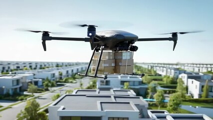 Futuristic delivery drone carrying packages above modern suburban homes
 - Powered by Adobe