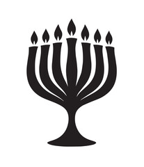 Black silhouette of a seven branched menorah with lit candles on a white background hanukkah candle holder