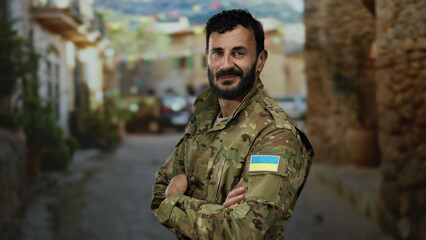 Obraz premium Man with beard in military uniform displaying ukrainian flag patch stands on an outdoor street.