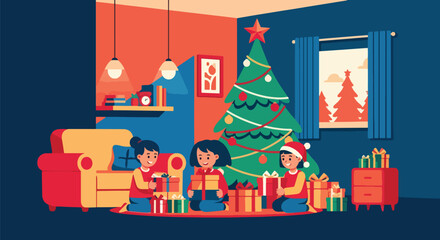 Flat vector of excited kids opening Christmas gifts under tree in bright morning light, joyful family holiday celebration