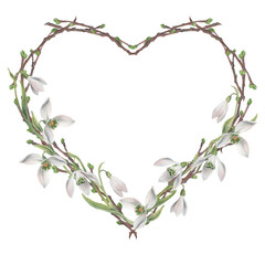 Heart shaped wreath or frame with twigs and snowdrops. Watercolor illustration hand drawn and isolated on a white background. Ideal for decorating postcards, wedding invitations or other celebrations © Lenka Za