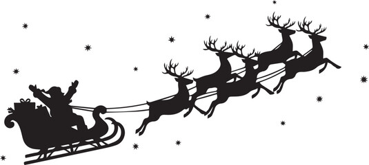 Silhouette of santa claus in a sleigh pulled by reindeer flying through a snowy night sky © jisan