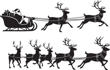 Silhouette of santa claus riding in his sleigh pulled by a team of reindeer in a winter scene © jisan