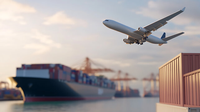 Cargo plane takes off from a busy port with container ship in the backdrop, symbolizing global trade, efficient logistics and transport for international supply chain.