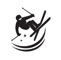 Black silhouette of a skier in mid-air with ski poles and stylized snow or wind elements skiing black and white