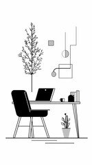 Fototapeta premium A vibrant abstract illustration of a flexible work from home life blending a cozy interior with digital network elements and flowing shapes for a balanced modern lifestyle