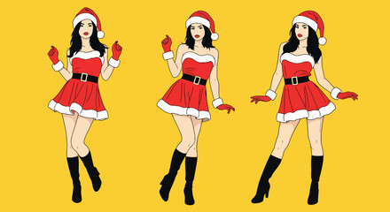 Vector art of three pin-up sexy women in festive Santa dresses and hats posing cheerfully on a bright background, ideal for Christmas marketing, holiday invitations, or seasonal promotions